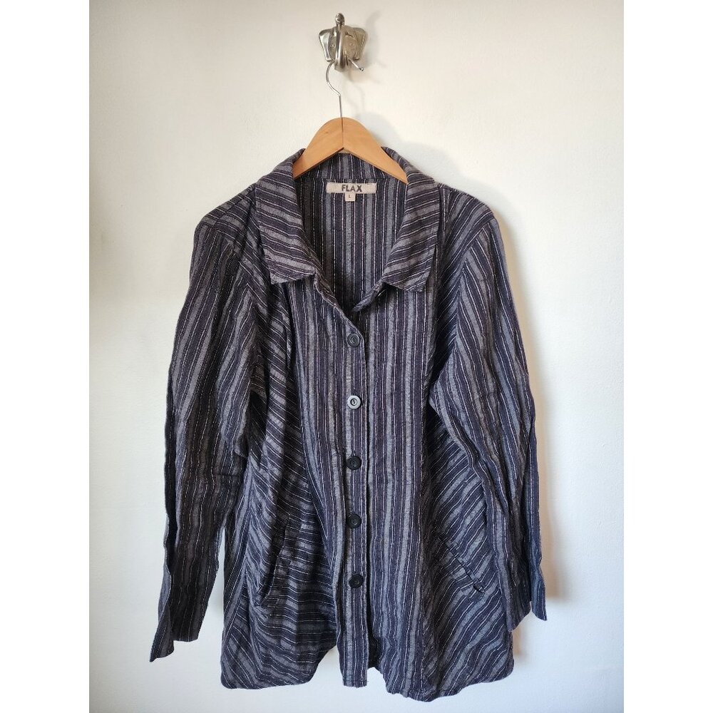 Flax black stripe collared button up long sleeve … - image 1